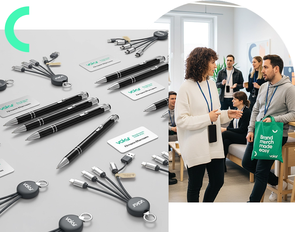 En delad bild som visar Voky-märkta profilprodukter (pennor, namnskyltar, laddkabel) till vänster, och Voky-anställda som samtalar på ett kontor till höger.